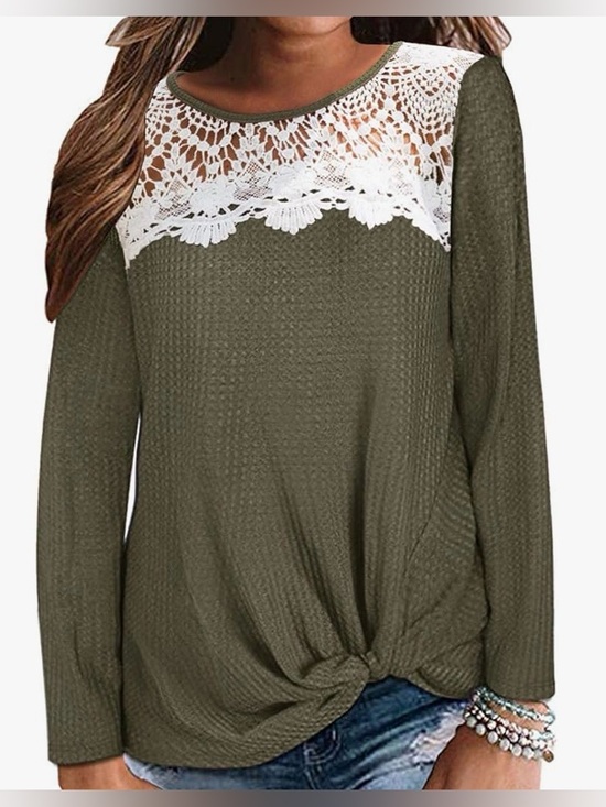Tops - Womens Crewneck Long Sleeve Waffle Knit Tops Floral Lace   NEW SZ M